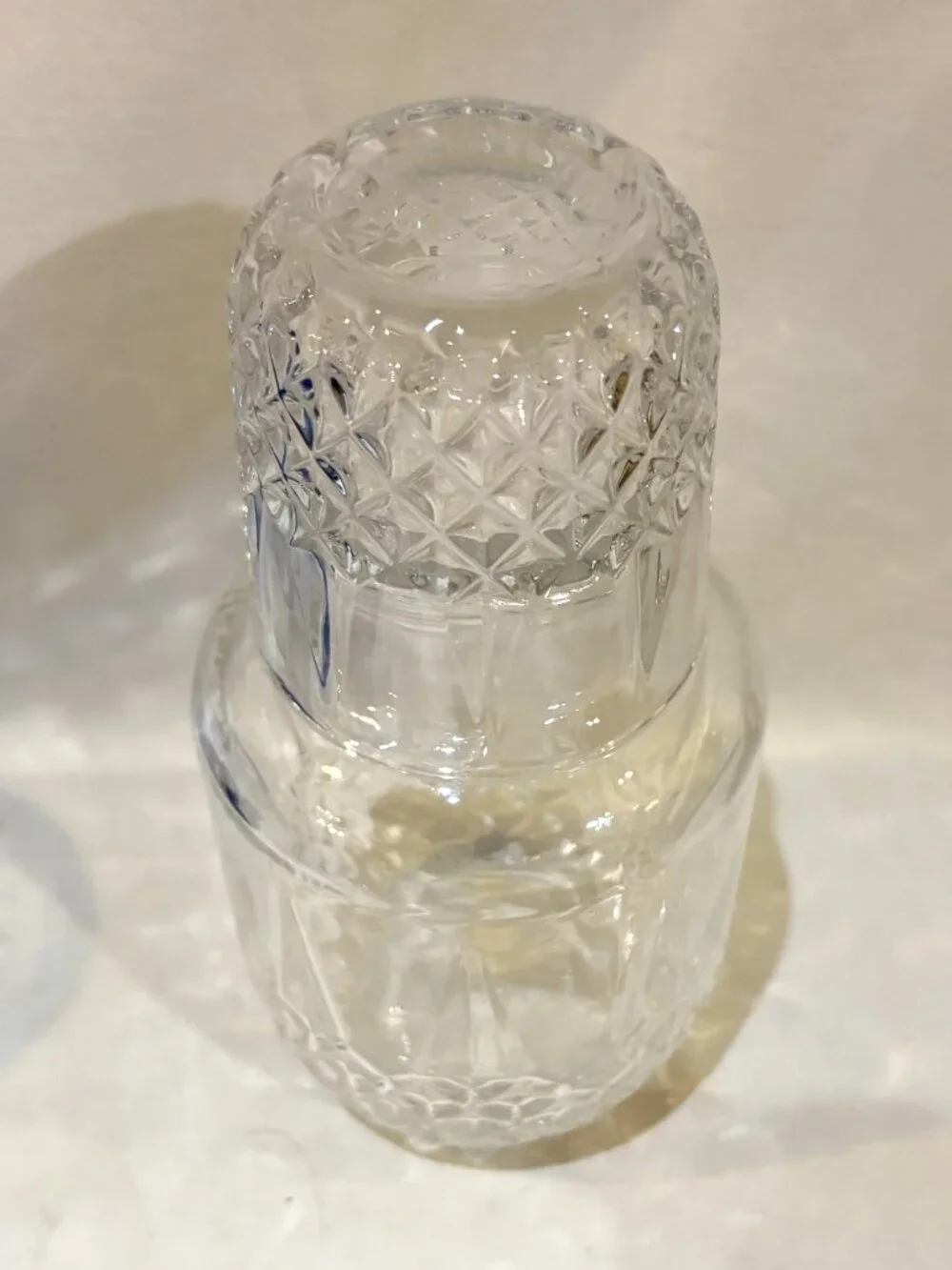 Clear Glass Bedside Water Carafe and Cup Set Diamond Cut Pattern